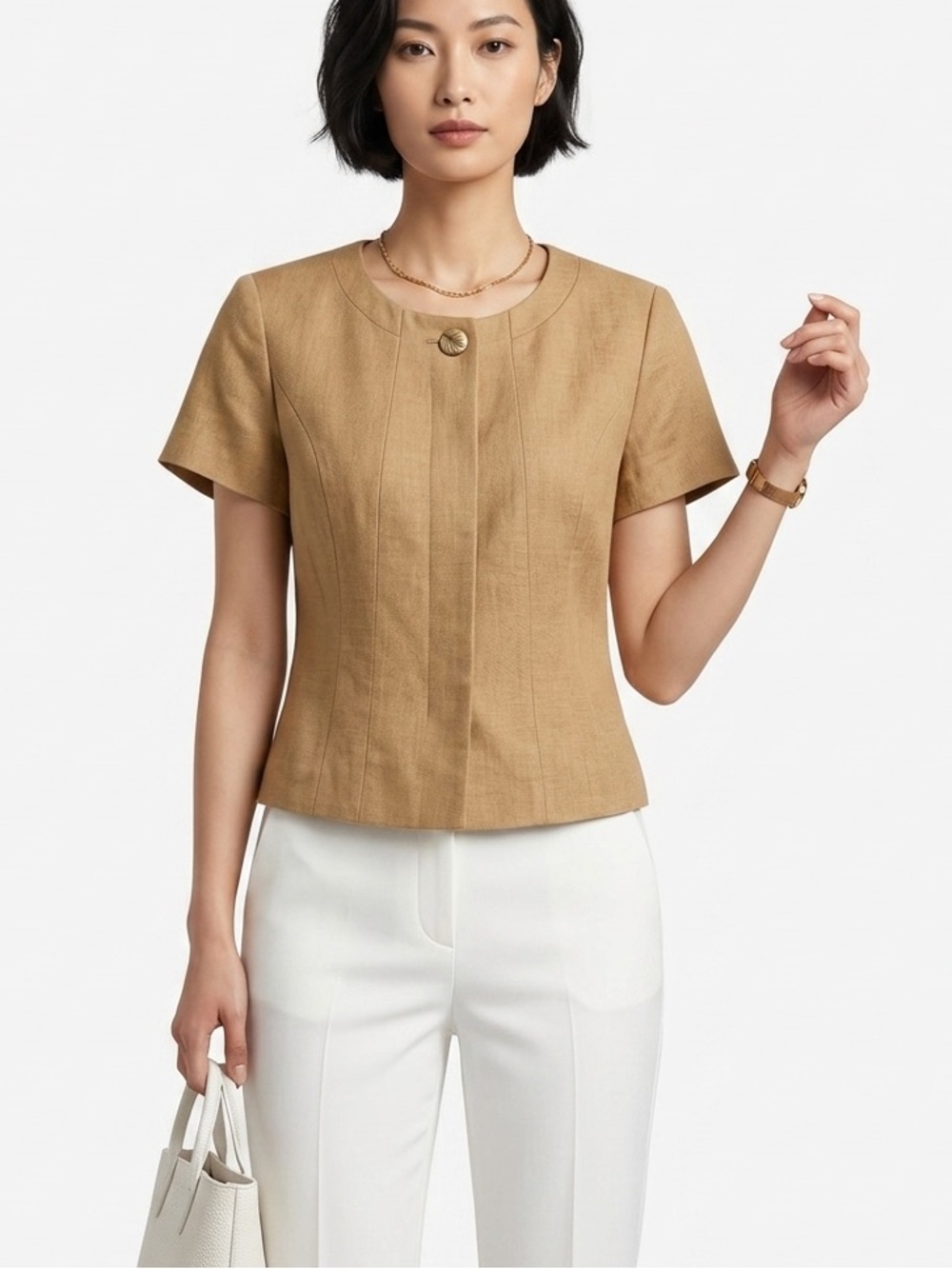 PLANET 100% Linen Short Sleeve Cropped Jacket / Top - Tan / Camel Size 12
